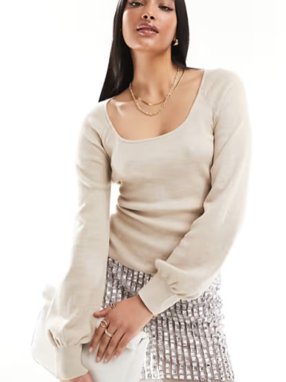 & Other Stories knitted top with volume cuffs in beige